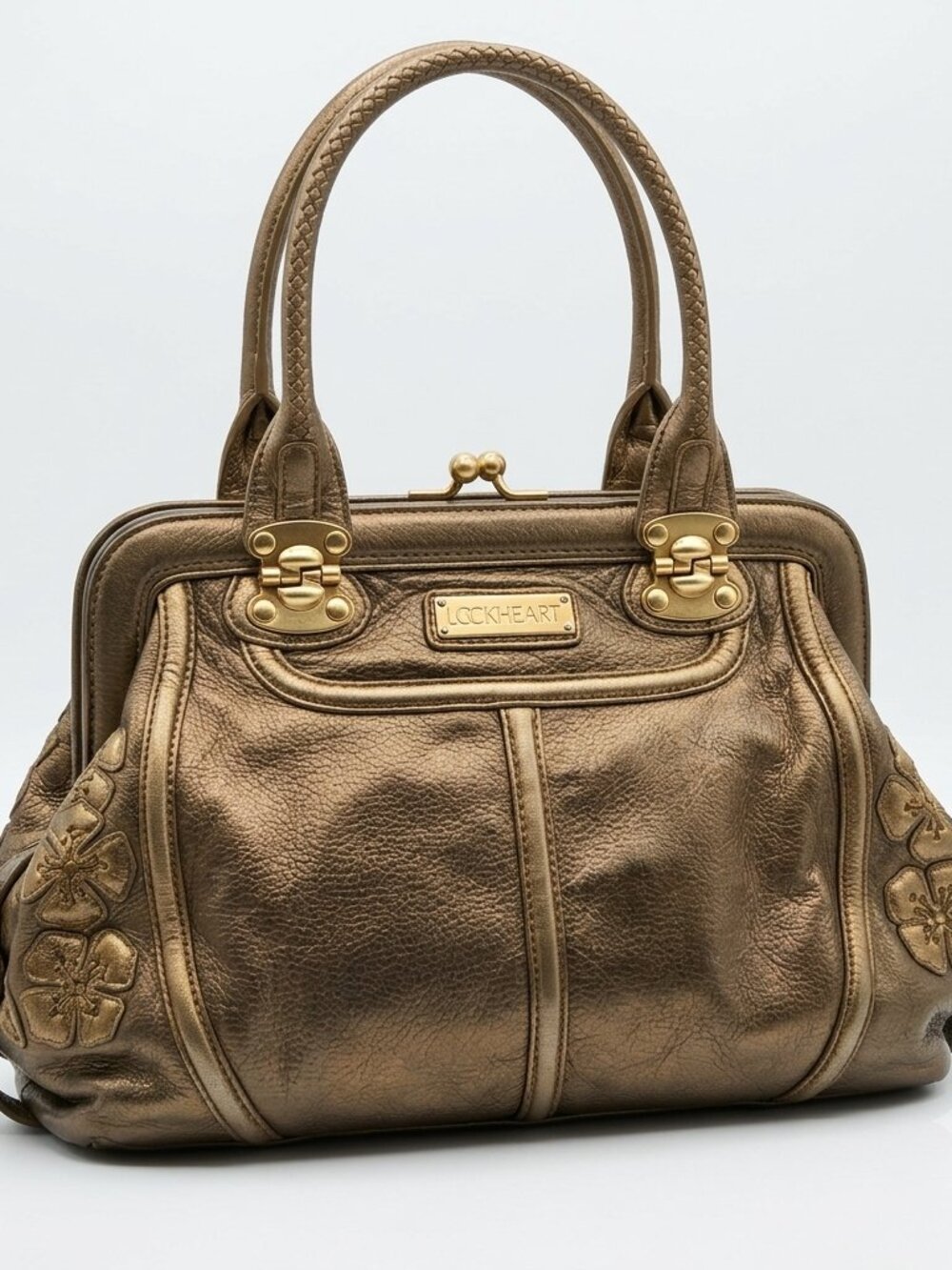 COLLECTOR'S RARE VINTAGE • Lockheart Metallic Bronze/Gold Pebble Leather Bag